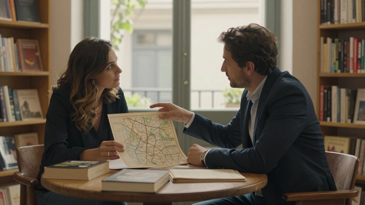 A client and companion discussing a map in a sunlit bookstore surrounded by French books and art.