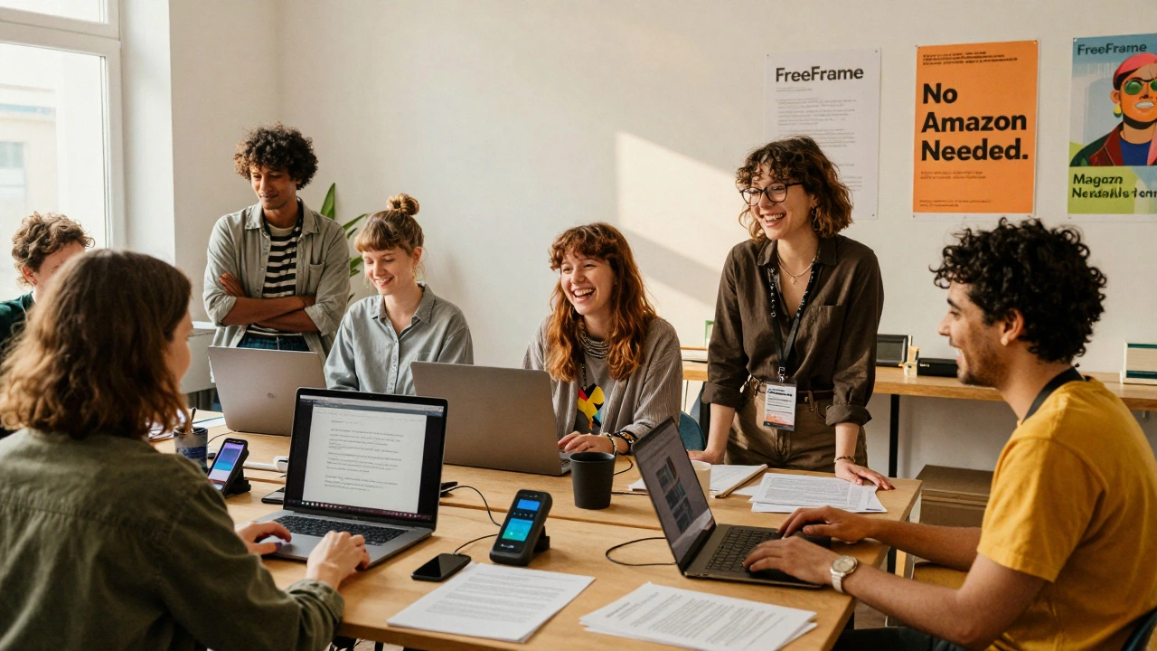 A diverse group of creators work together in a Berlin cooperative, building independent online businesses.