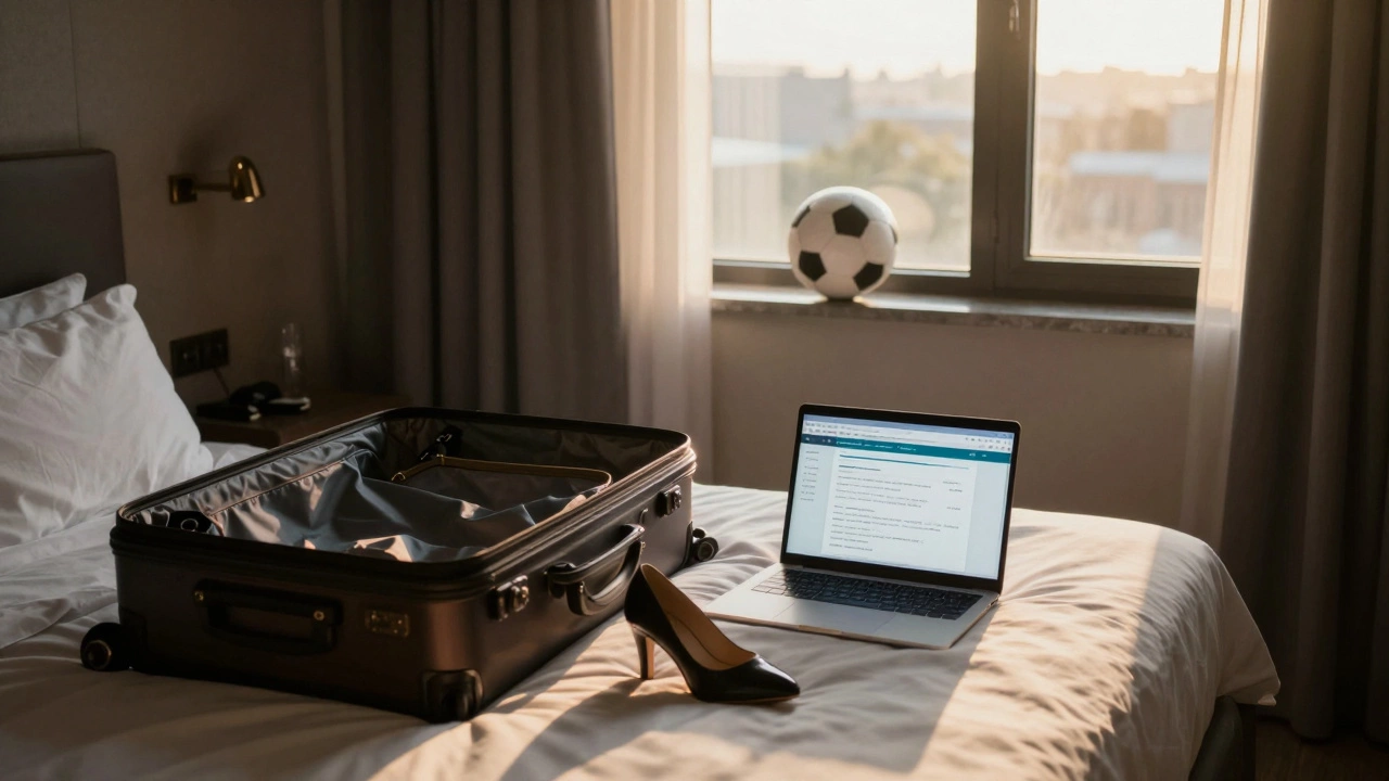 A packed suitcase and a football sit together in a hotel room at dawn, sunlight streaming through the window.