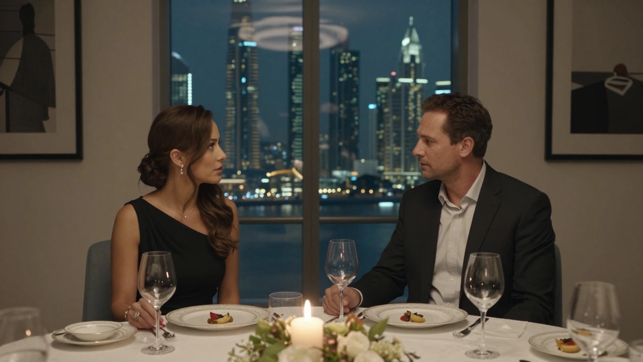 A refined companion shares a quiet dinner in Dubai, the city skyline glowing behind her at a candlelit table.