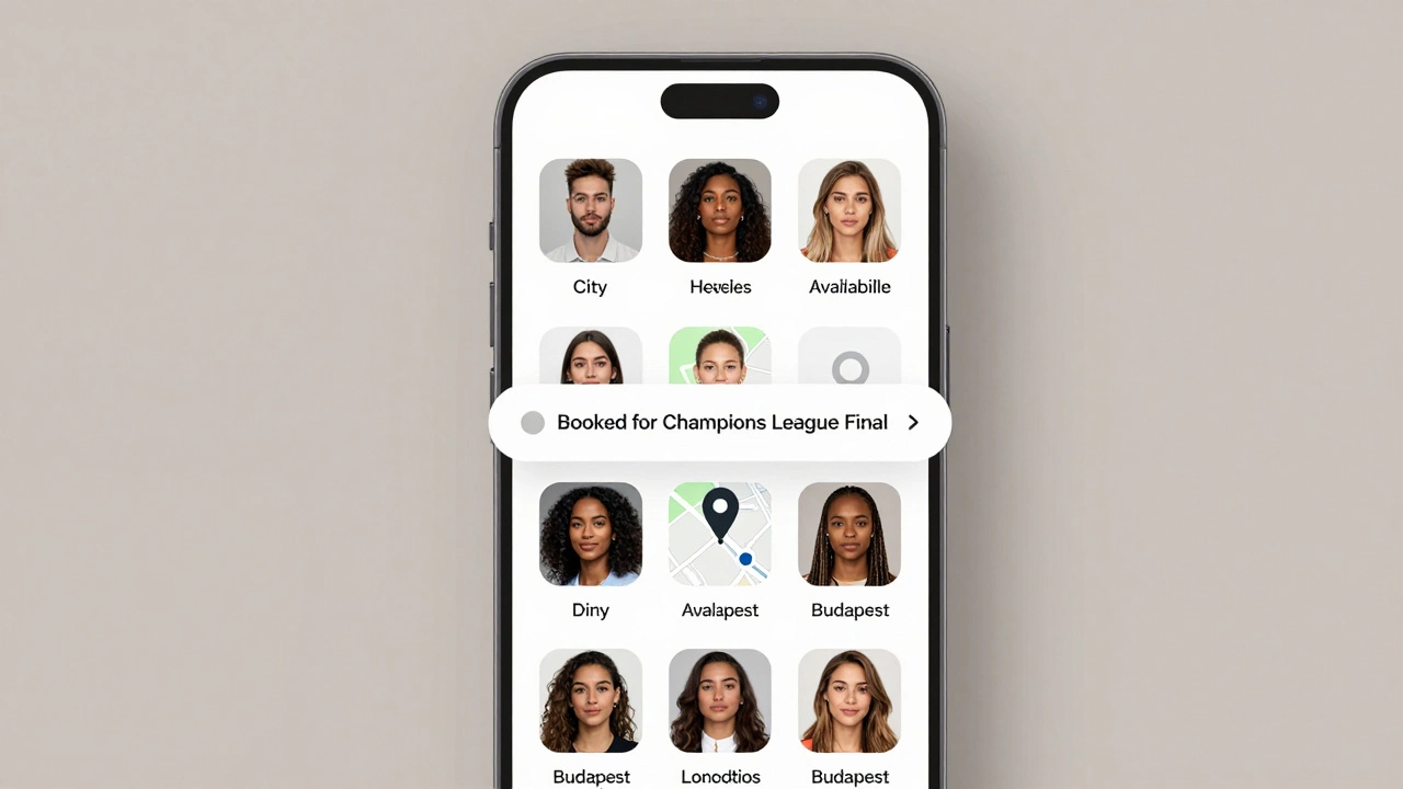 A smartphone screen displays discreet escort service profiles with filters for city and language.
