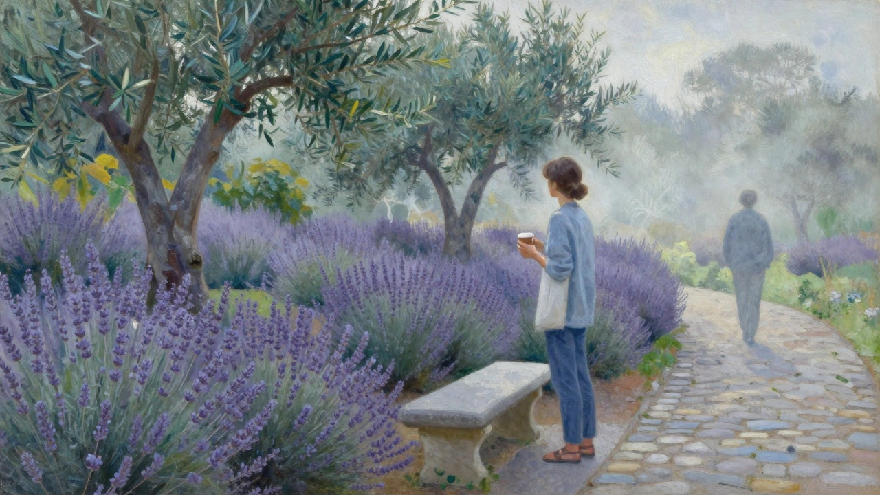 A solitary figure in a hidden garden behind Cézanne&#039;s studio at dawn, mist rising among lavender bushes.
