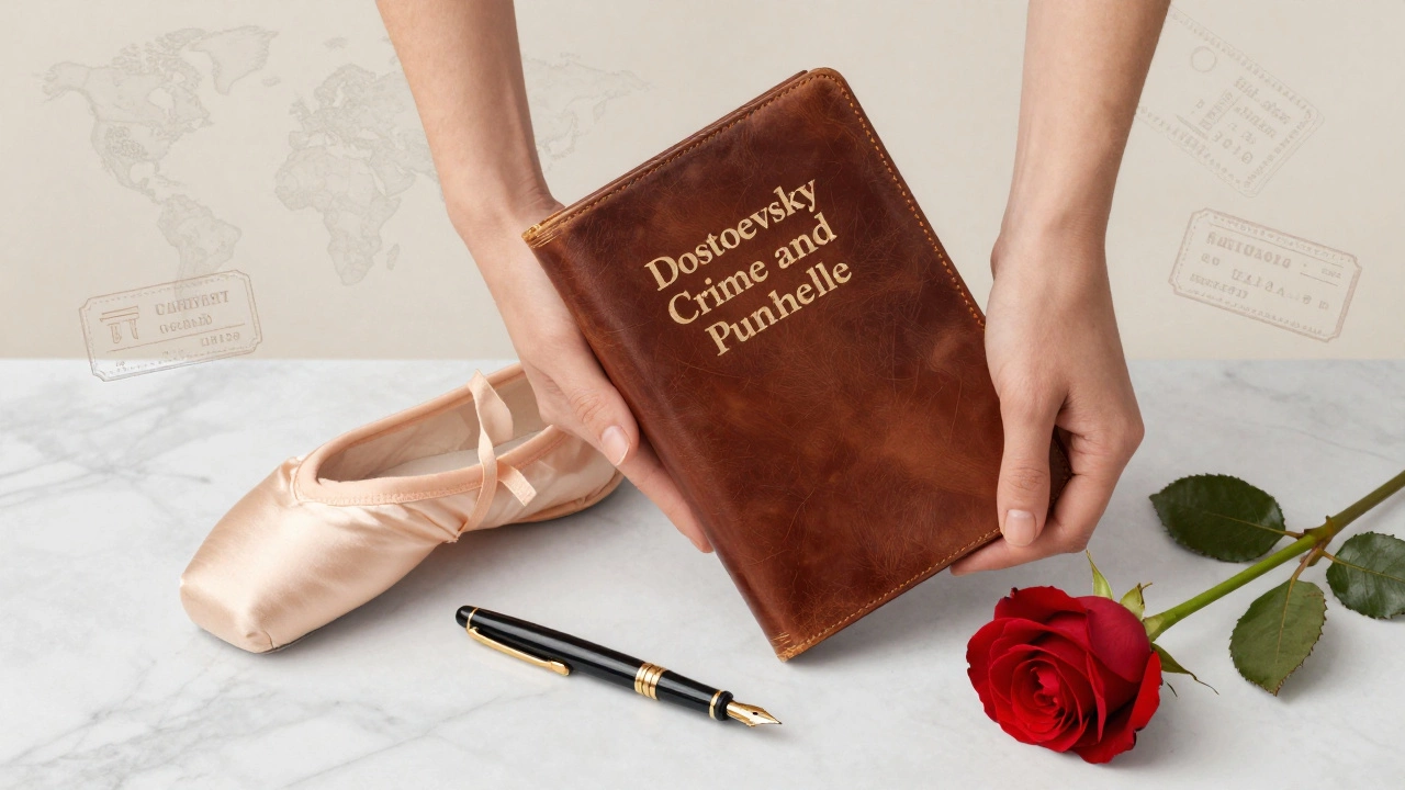 Hands holding a classic Russian novel beside a ballet slipper and rose, symbolizing culture, grace, and depth.