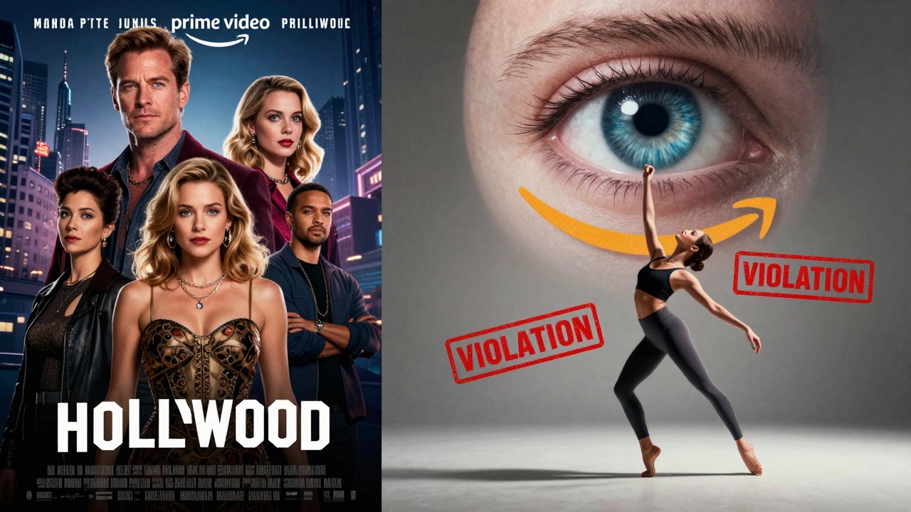 Split screen: Hollywood adult film on Prime Video vs. a flagged dancer’s photo under Amazon&#039;s AI eye.